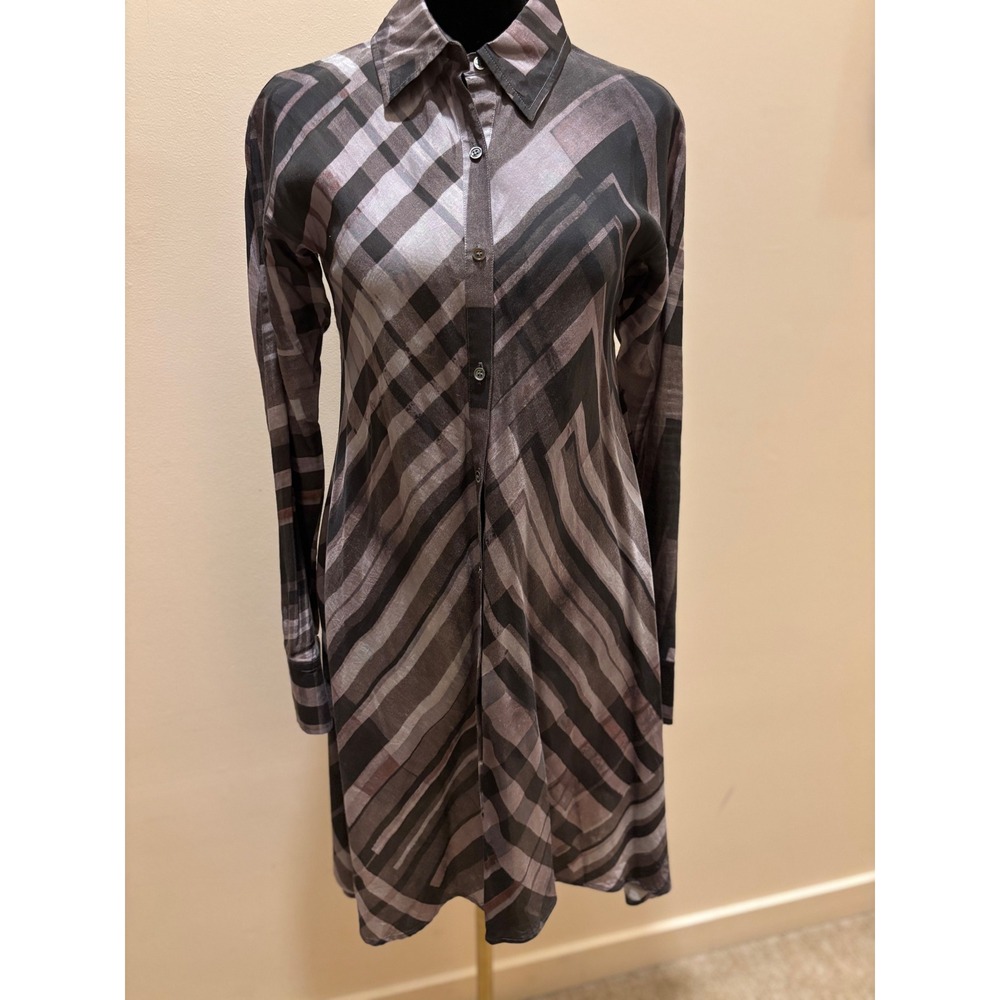 Peruvian Connection Plaid Shirt Dress Long Sleeve Button Up Midi Grey